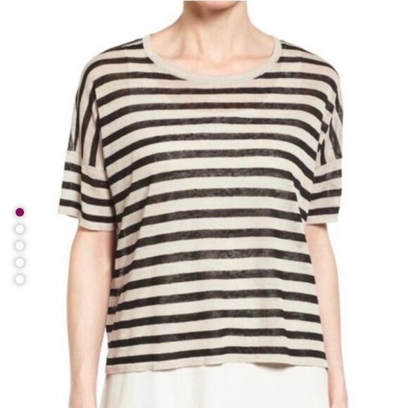 Eileen Fisher Black Tan Organic Linen Striped Boxy Sweater Top - Picture 9 of 9